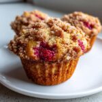 Close-up of a freshly baked, golden brown raspberry muffins topped with a thick, sugary cinnamon streusel topping.