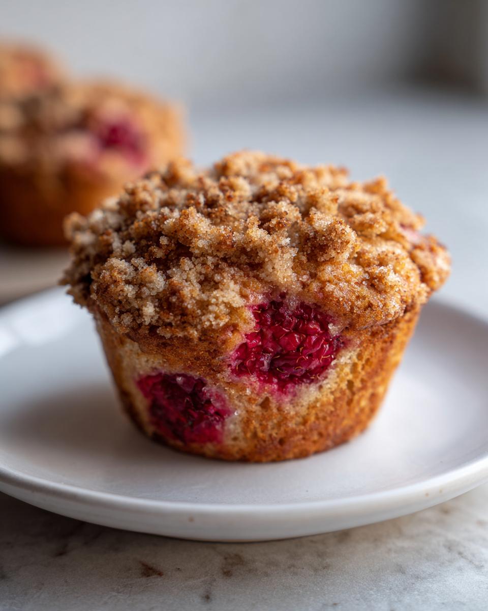 A close-up of a delicious raspberry muffin topped with golden brown streusel, sitting on a white plate.