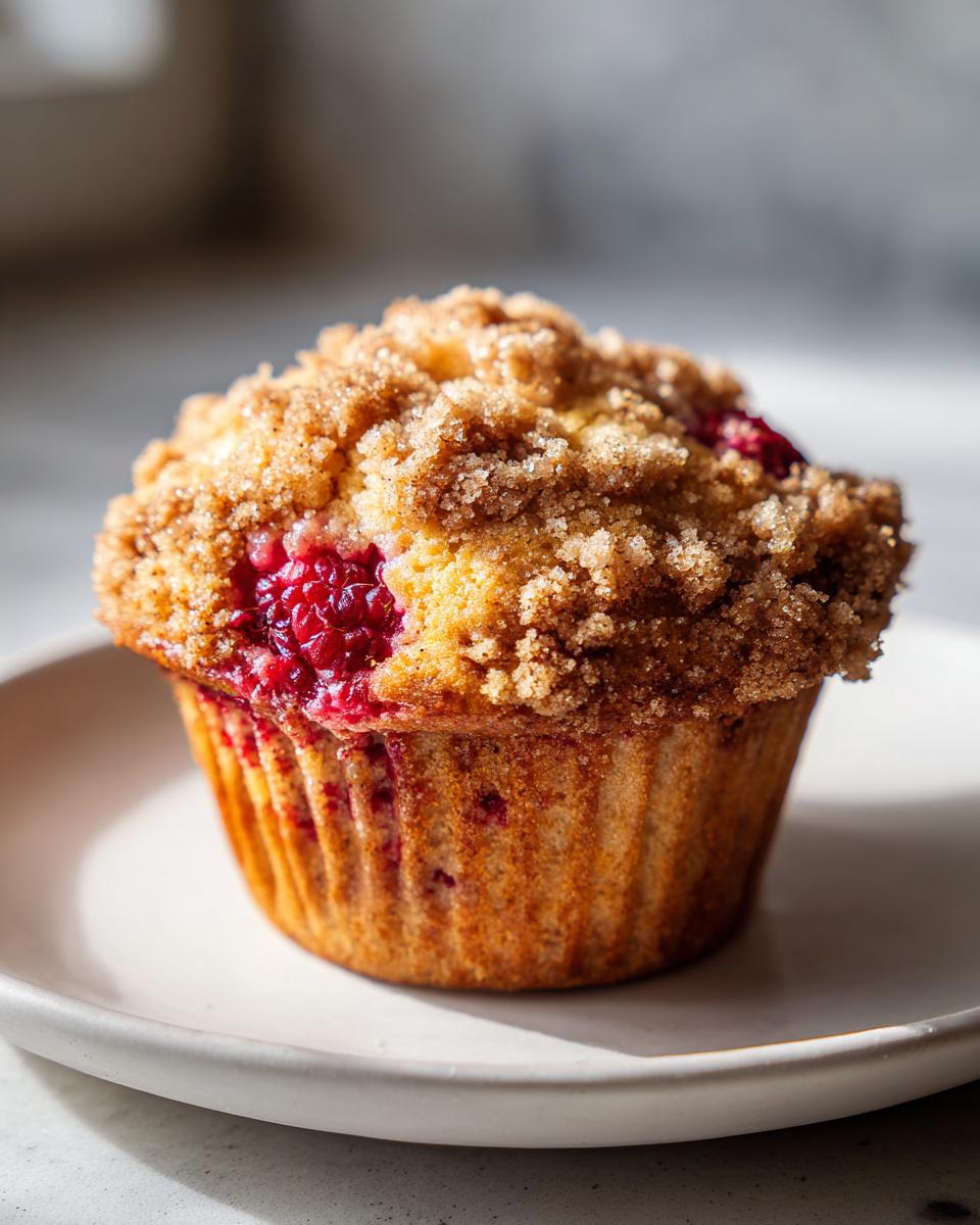 A single, freshly baked raspberry muffin topped with a thick layer of brown sugar streusel, sitting on a white plate.