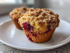 A close-up of a delicious raspberry muffins with a thick, sugary crumb topping, sitting on a white plate.