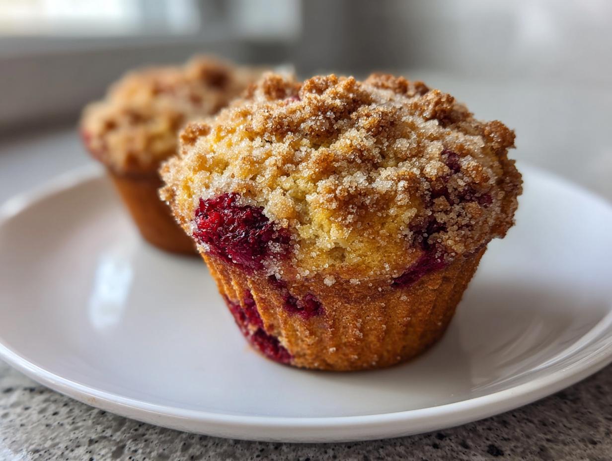 A close-up of a delicious raspberry muffins with a thick, sugary crumb topping, sitting on a white plate.