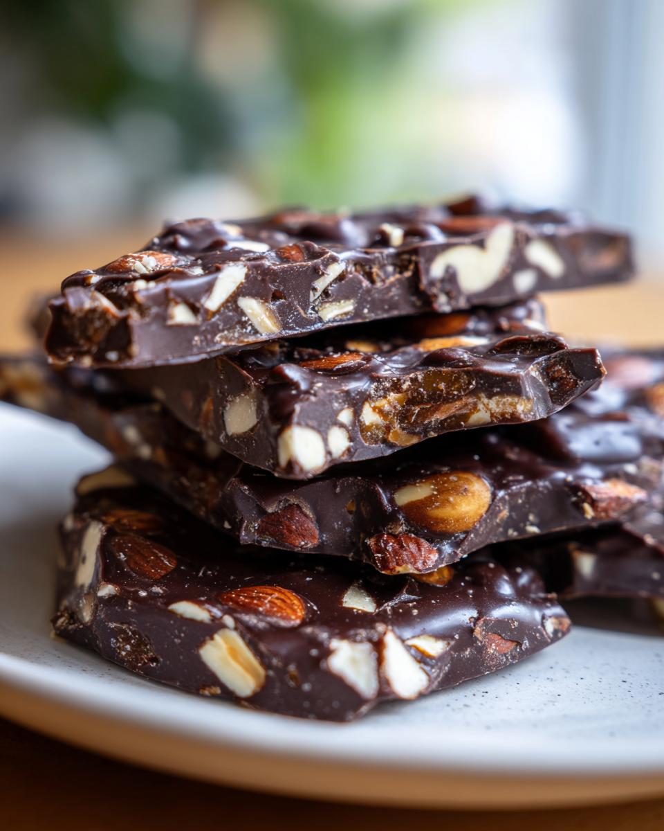Stack of dark chocolate almond bark pieces, perfect for a homemade toffee recipe.