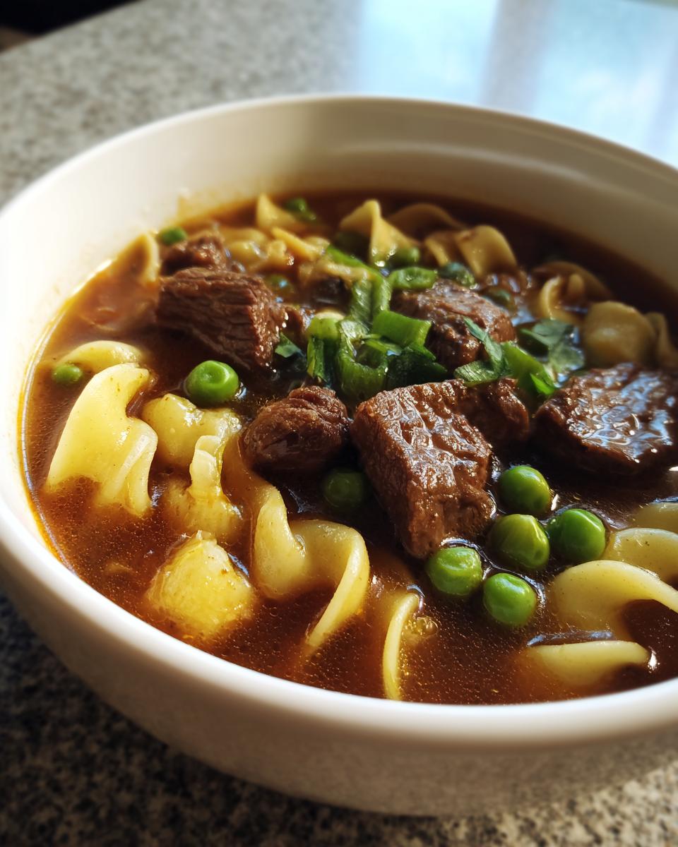 Close-up of a white bowl filled with rich beef noodle soup, featuring chunks of beef, egg noodles, peas, and green onions.