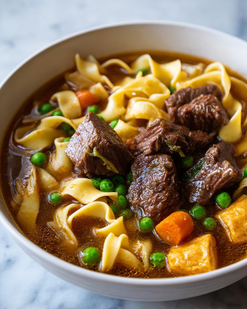Close-up of a bowl of rich beef noodle soup featuring tender beef chunks, egg noodles, peas, and carrots.