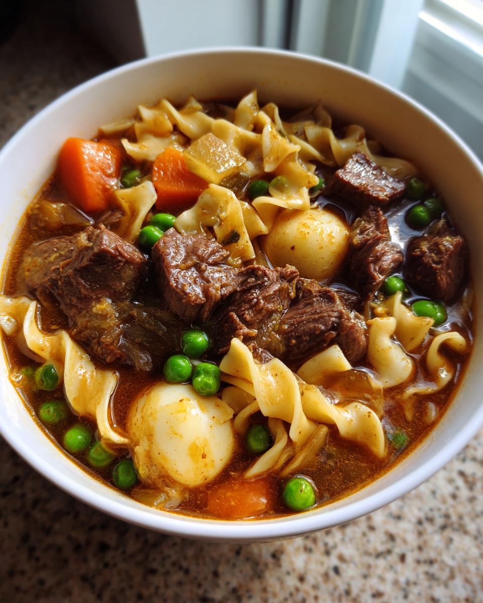 Close-up of a bowl of rich beef noodle soup with chunks of beef, egg noodles, carrots, peas, and a whole potato.