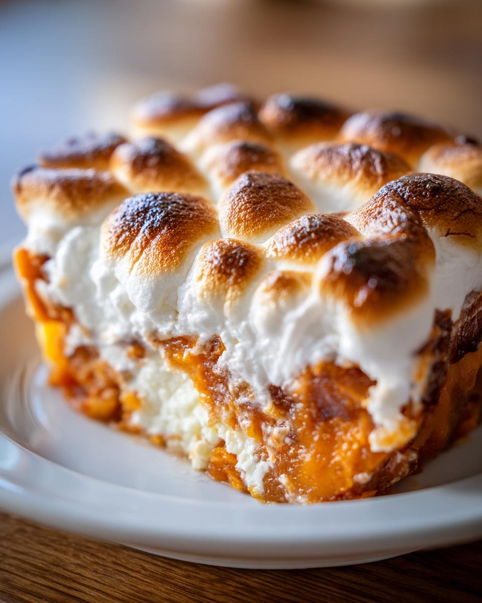 Close-up of a slice of easy sweet potato casserole topped with perfectly toasted, golden-brown marshmallows.