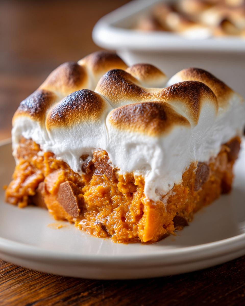 A close-up serving of easy sweet potato casserole topped with perfectly toasted, golden-brown marshmallows.