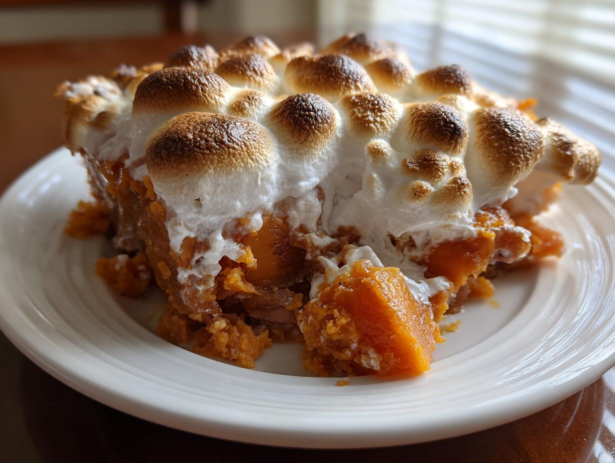 Close-up of a serving of easy sweet potato casserole topped with toasted, browned marshmallows.