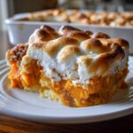 A close-up slice of easy sweet potato casserole topped with toasted, fluffy meringue on a white plate.