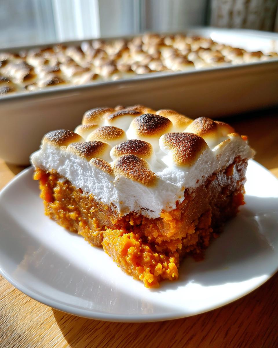 A single serving slice of easy sweet potato casserole topped with perfectly toasted marshmallows on a white plate.