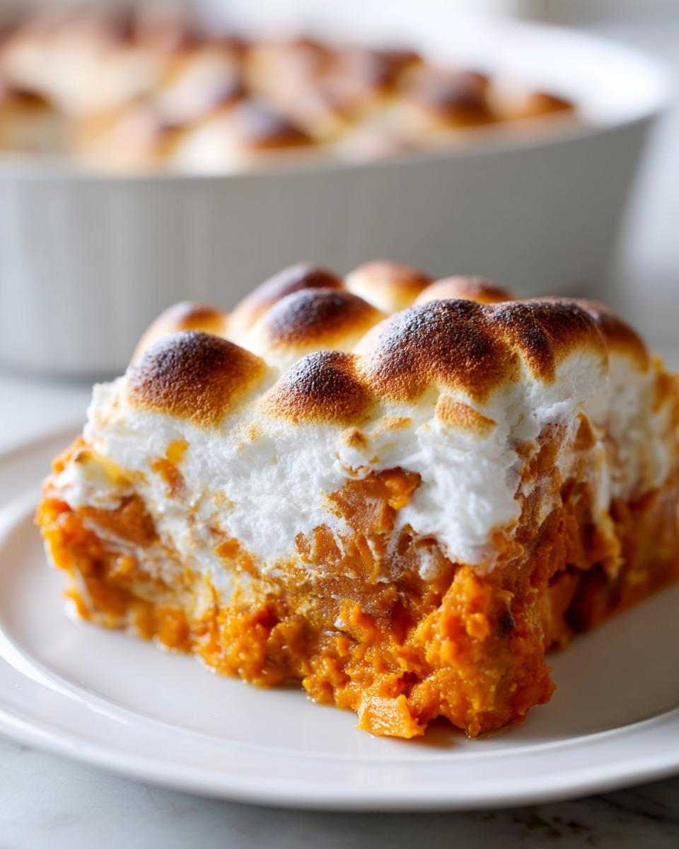 A close-up slice of easy sweet potato casserole topped with perfectly toasted marshmallows.