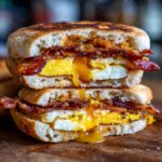 Close-up of a stacked english muffin breakfast sandwich cut in half, showing runny yolk, bacon, and toasted muffin.