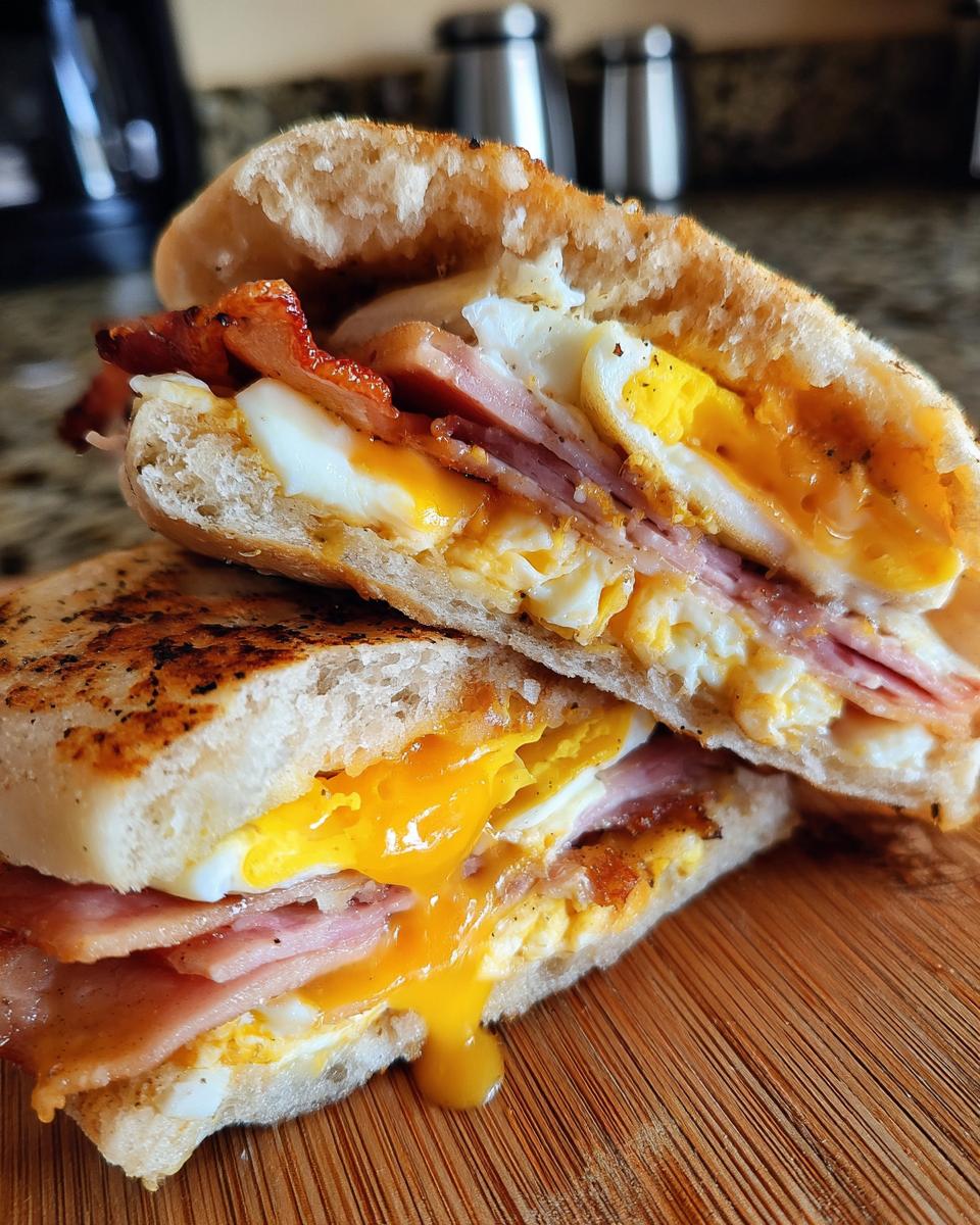 Close-up of an english muffin breakfast sandwich cut in half, showing melted egg yolk, ham, and bacon.