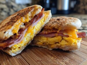 Close-up of a delicious english muffin breakfast sandwich filled with scrambled eggs, ham, bacon, and melted cheddar cheese.