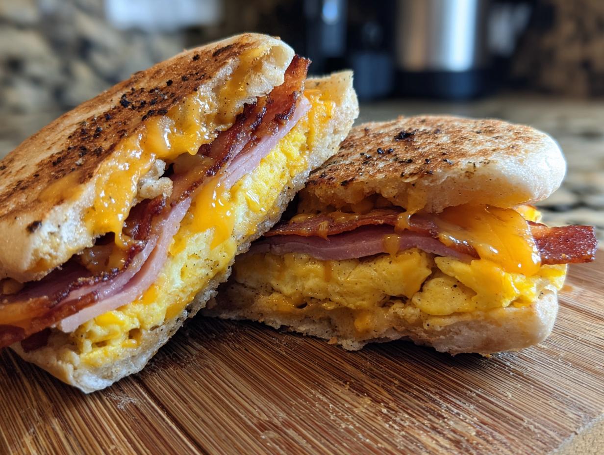 Close-up of a delicious english muffin breakfast sandwich filled with scrambled eggs, ham, bacon, and melted cheddar cheese.