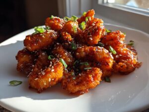 A plate piled high with crispy, glazed bang bang shrimp, garnished with sesame seeds and chopped green onions.