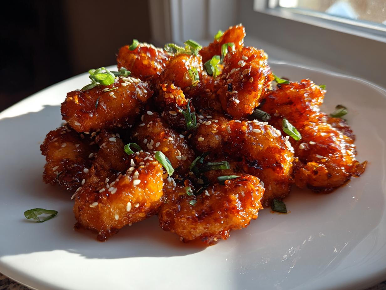 A plate piled high with crispy, glazed bang bang shrimp, garnished with sesame seeds and chopped green onions.