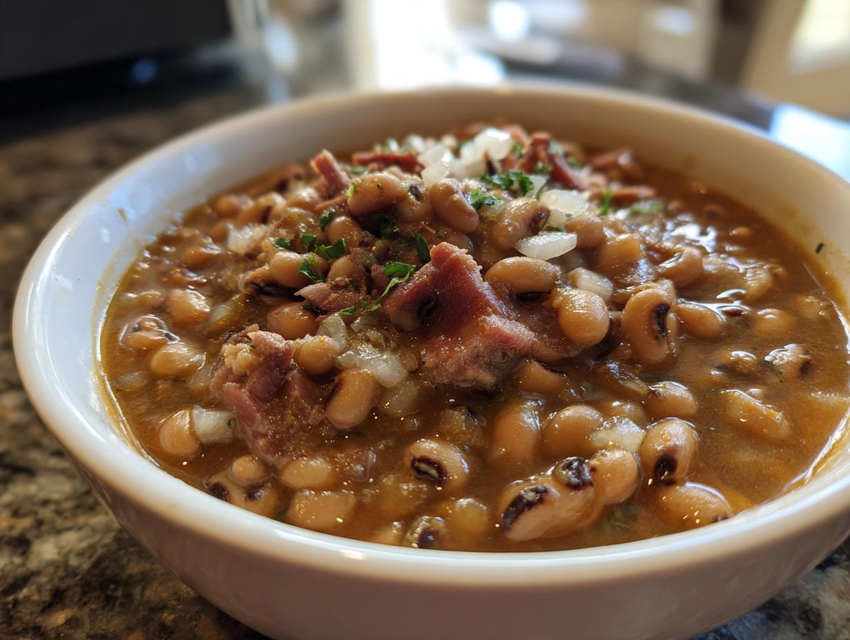 Close-up of a white bowl filled with a rich black eyed peas recipe, topped with smoked ham pieces and diced white onion.