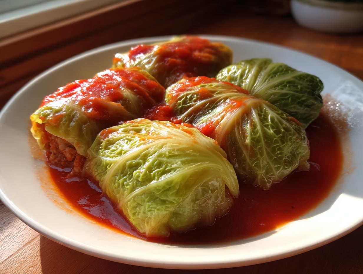 Four delicious cabbage rolls stuffed with filling and covered in bright red tomato sauce, served on a white plate.