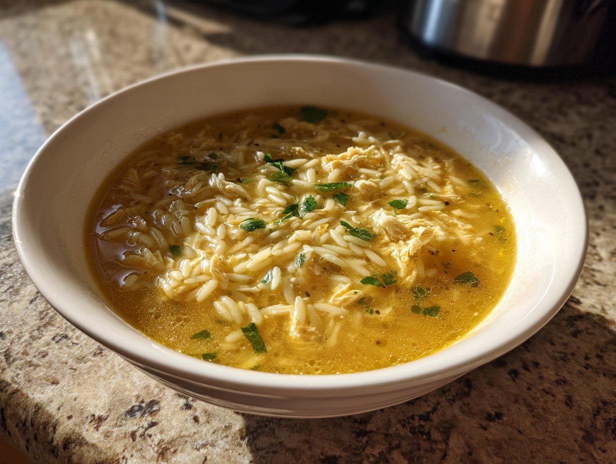 A close-up of a white bowl filled with golden pastina soup, featuring small pasta shapes and shredded chicken, garnished with parsley.