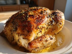A whole, beautifully browned roasted chicken seasoned with herbs resting in its juices on a white plate.