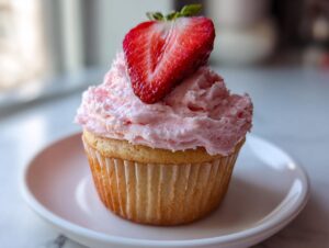Close-up of a single vanilla strawberry cupcake topped with pink strawberry frosting and a halved fresh strawberry.
