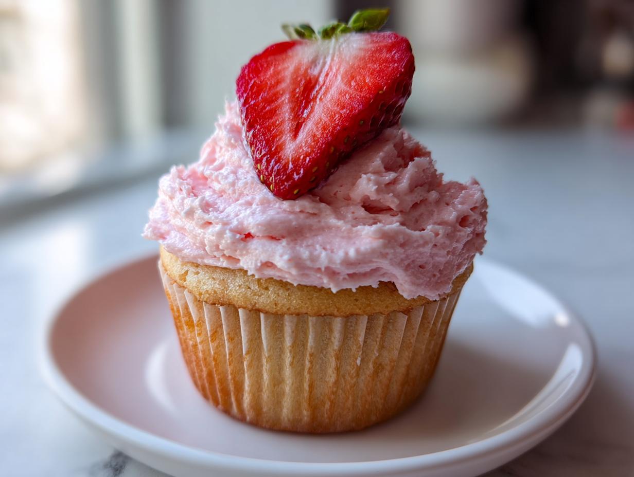Close-up of a single vanilla strawberry cupcake topped with pink strawberry frosting and a halved fresh strawberry.