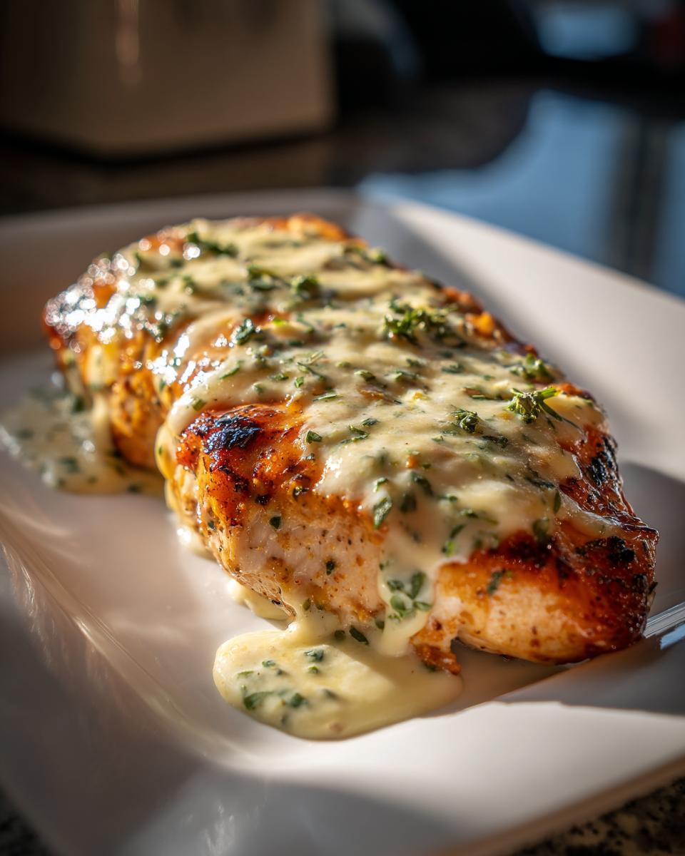 Close-up of a grilled chicken breast topped with a creamy, herb-flecked sauce, representing fiesta lime chicken.