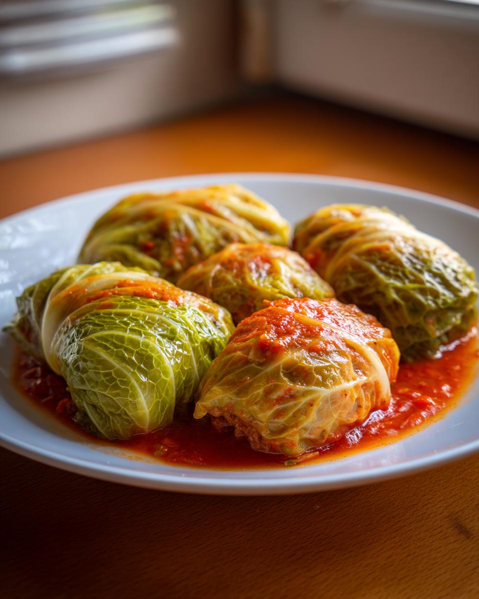 A white plate holding five savory cabbage rolls smothered in a rich, red tomato sauce.
