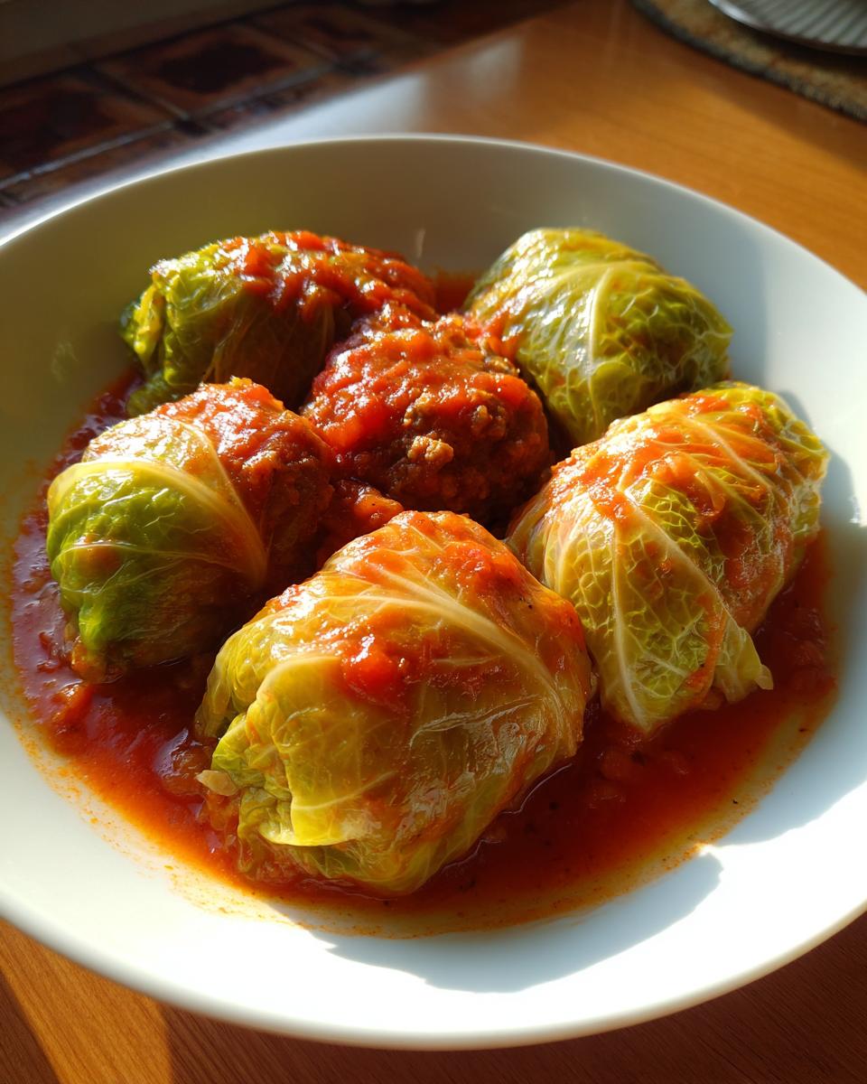 A white bowl filled with five plump cabbage rolls smothered in rich tomato sauce.