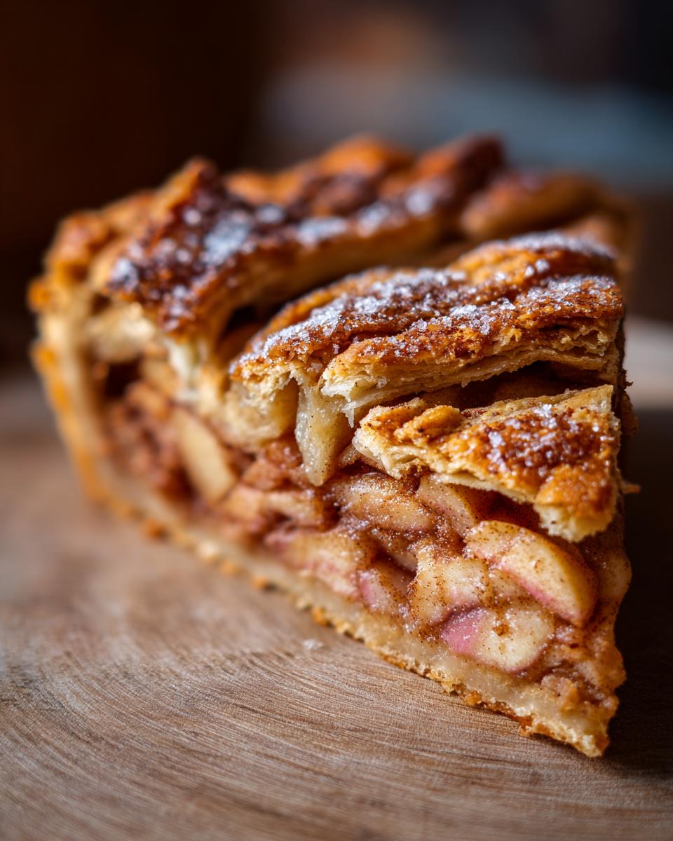 Close-up of a thick slice of apple galette showing layered, flaky crust and cinnamon-spiced apple filling.