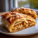A close-up view of a golden, flaky slice of apple strudel filled with spiced apple chunks.