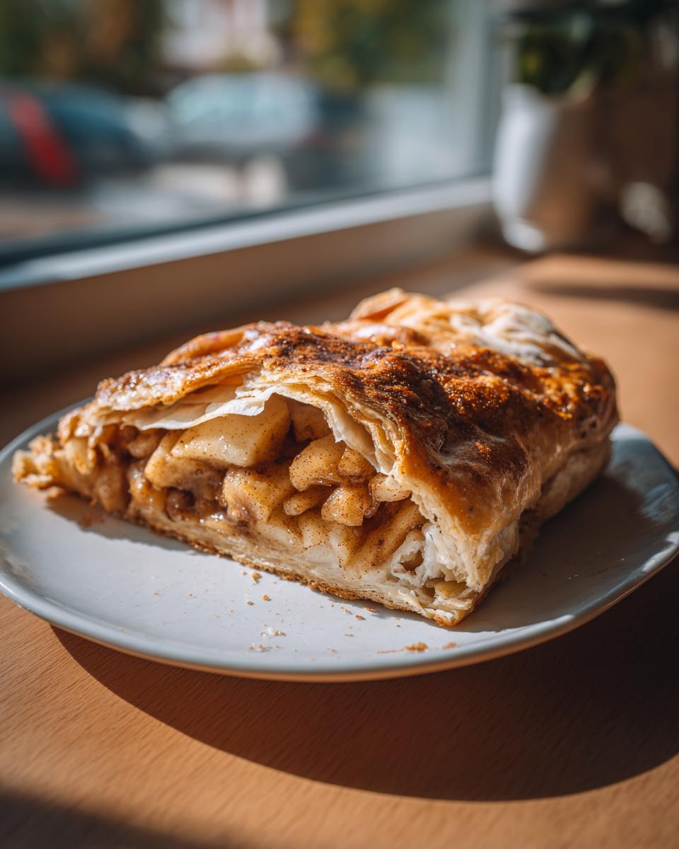 A close-up of a warm slice of apple strudel, showing flaky pastry and cinnamon-spiced apple filling.