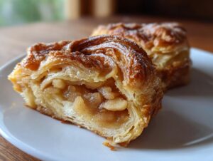 Close-up of a flaky, golden-brown slice of apple strudel showing the spiced apple filling inside.