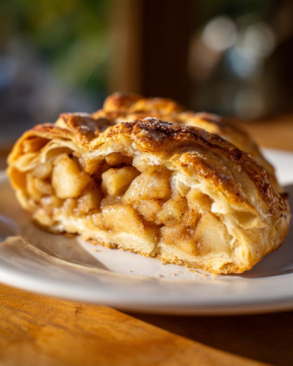 A close-up, cross-section view of a slice of flaky apple strudel, showing the spiced apple filling.