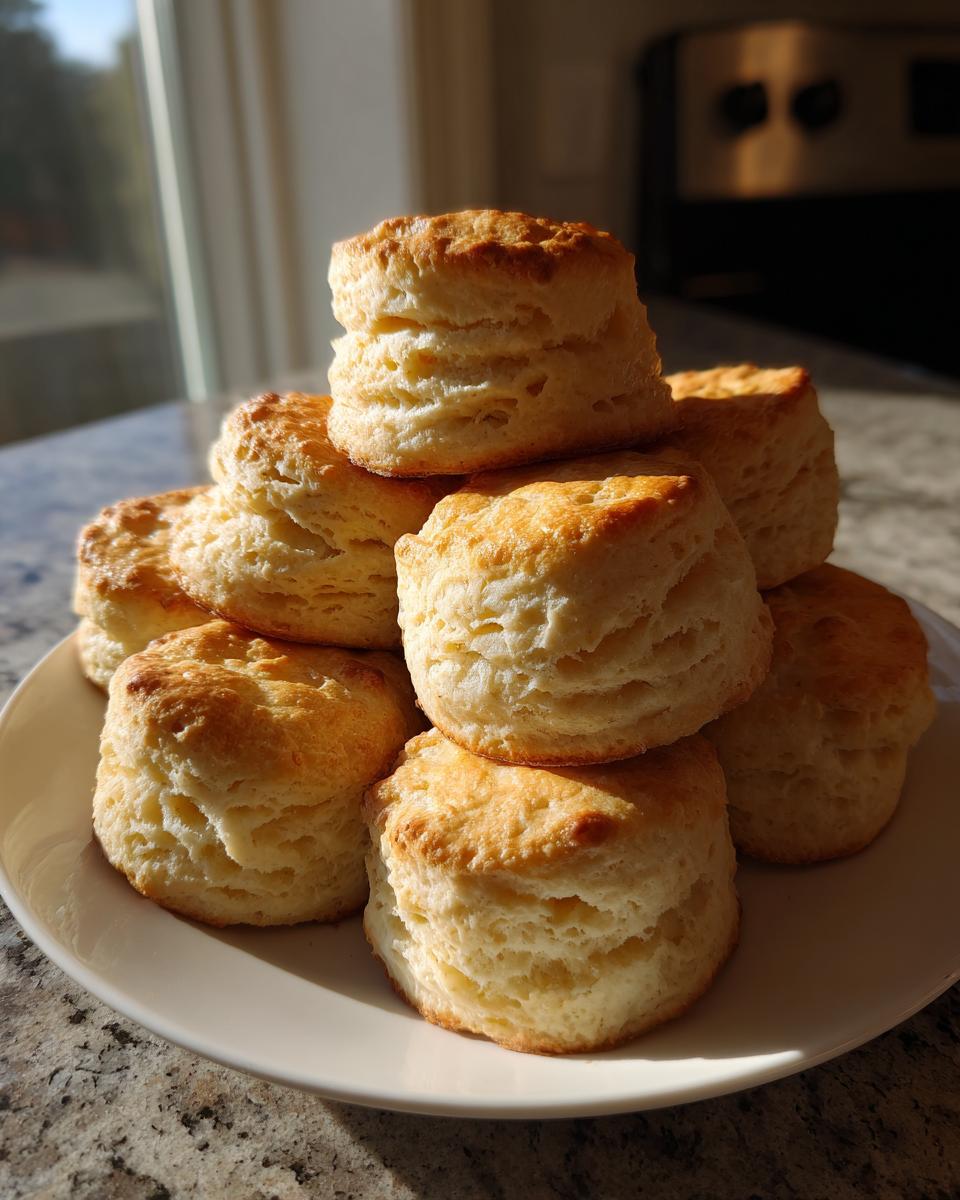 A stack of golden brown, flaky buttermilk biscuits piled high on a white plate, catching sunlight from a nearby window.