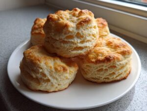 A close-up of several tall, flaky buttermilk biscuits stacked on a white plate near a window.