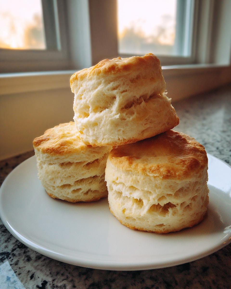 Three tall, flaky buttermilk biscuits stacked on a white plate near a window.