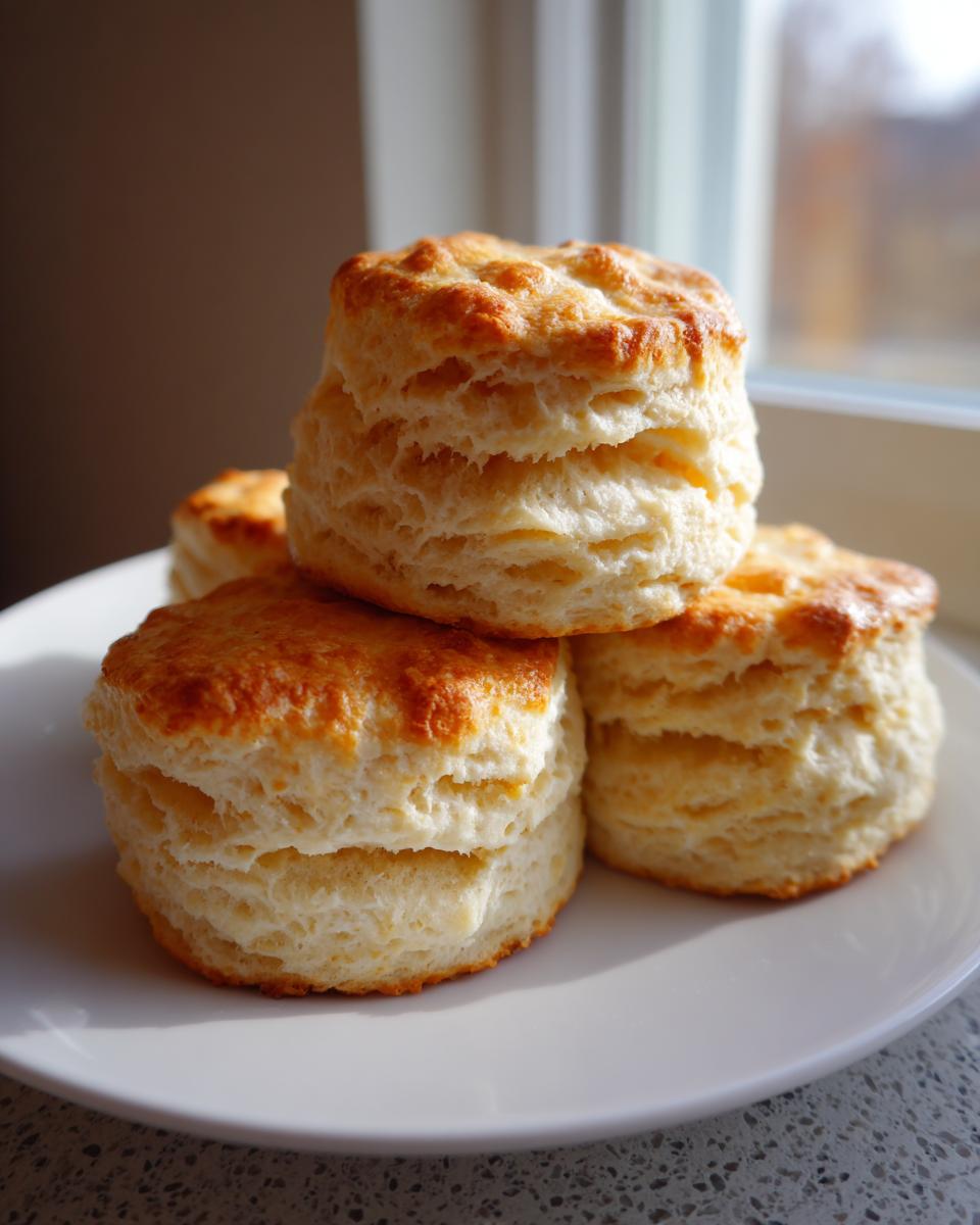 Close-up of three tall, flaky buttermilk biscuits stacked on a white plate near a window.