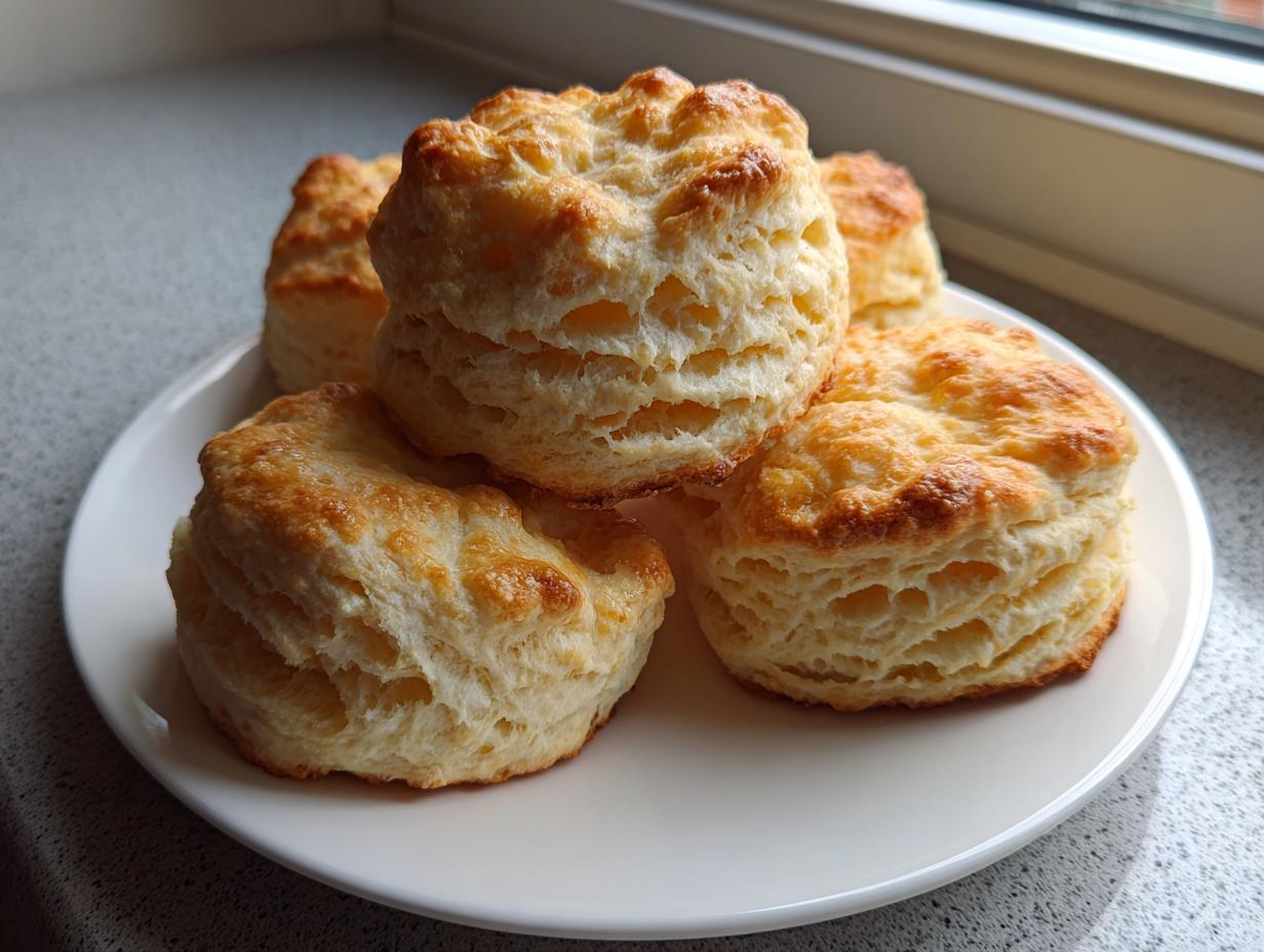 A close-up of several tall, flaky buttermilk biscuits stacked on a white plate near a window.
