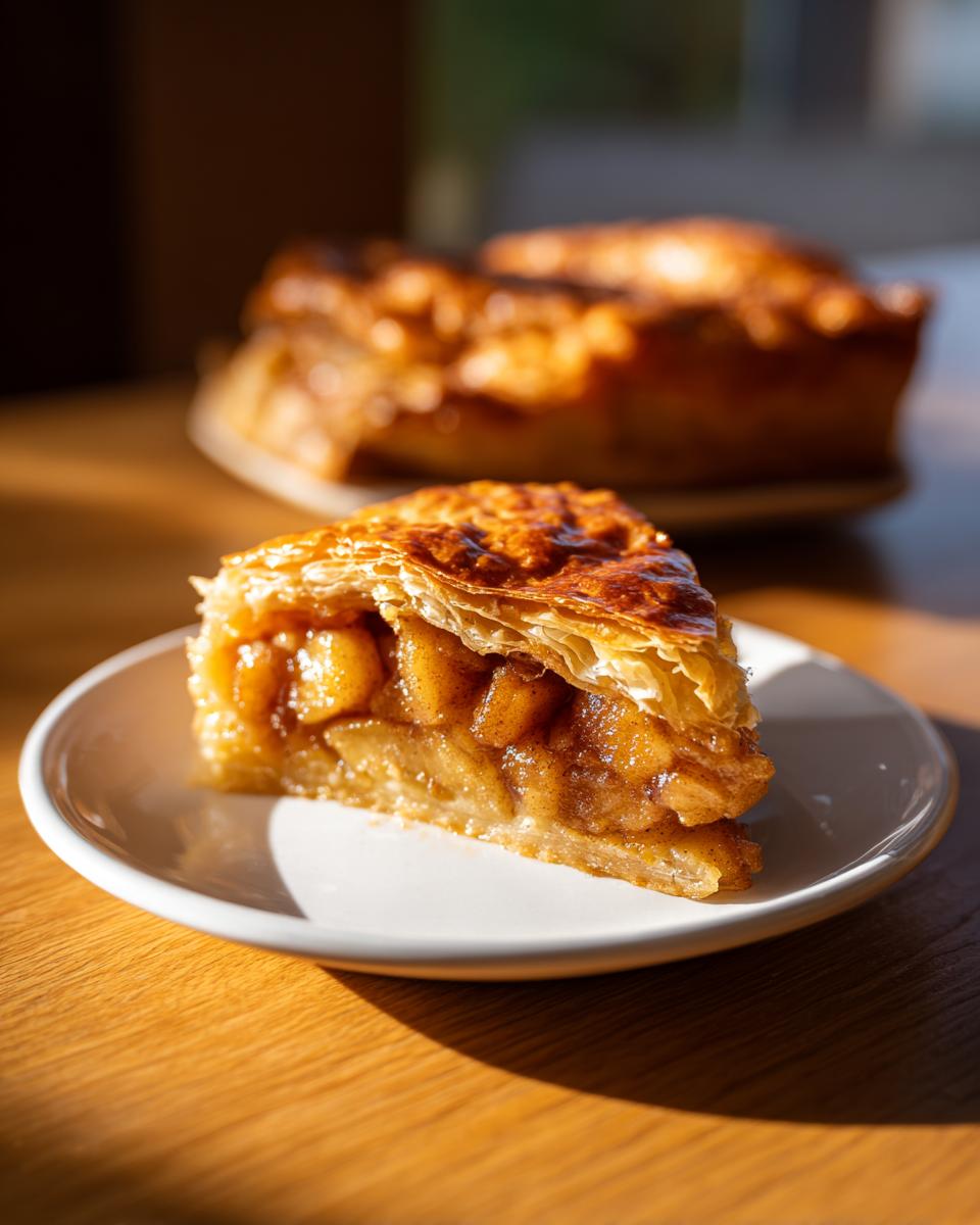 A close-up of a slice of golden, flaky apple strudel filled with spiced apples on a white plate.