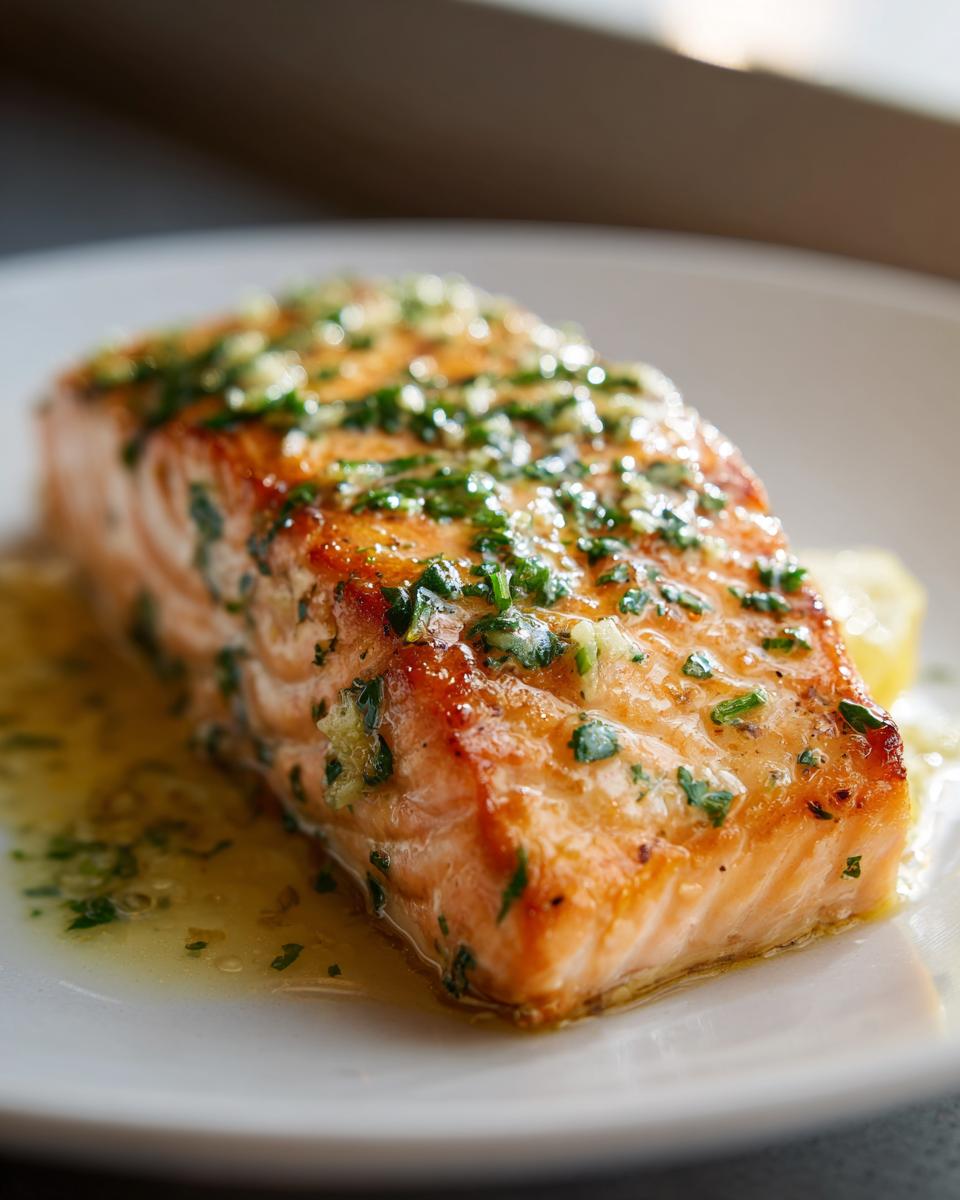 Close-up of a moist, flaky baked salmon recipe fillet topped with garlic and fresh parsley butter sauce.