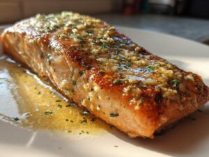 Close-up of a perfectly cooked baked salmon recipe fillet topped with garlic butter and herbs.