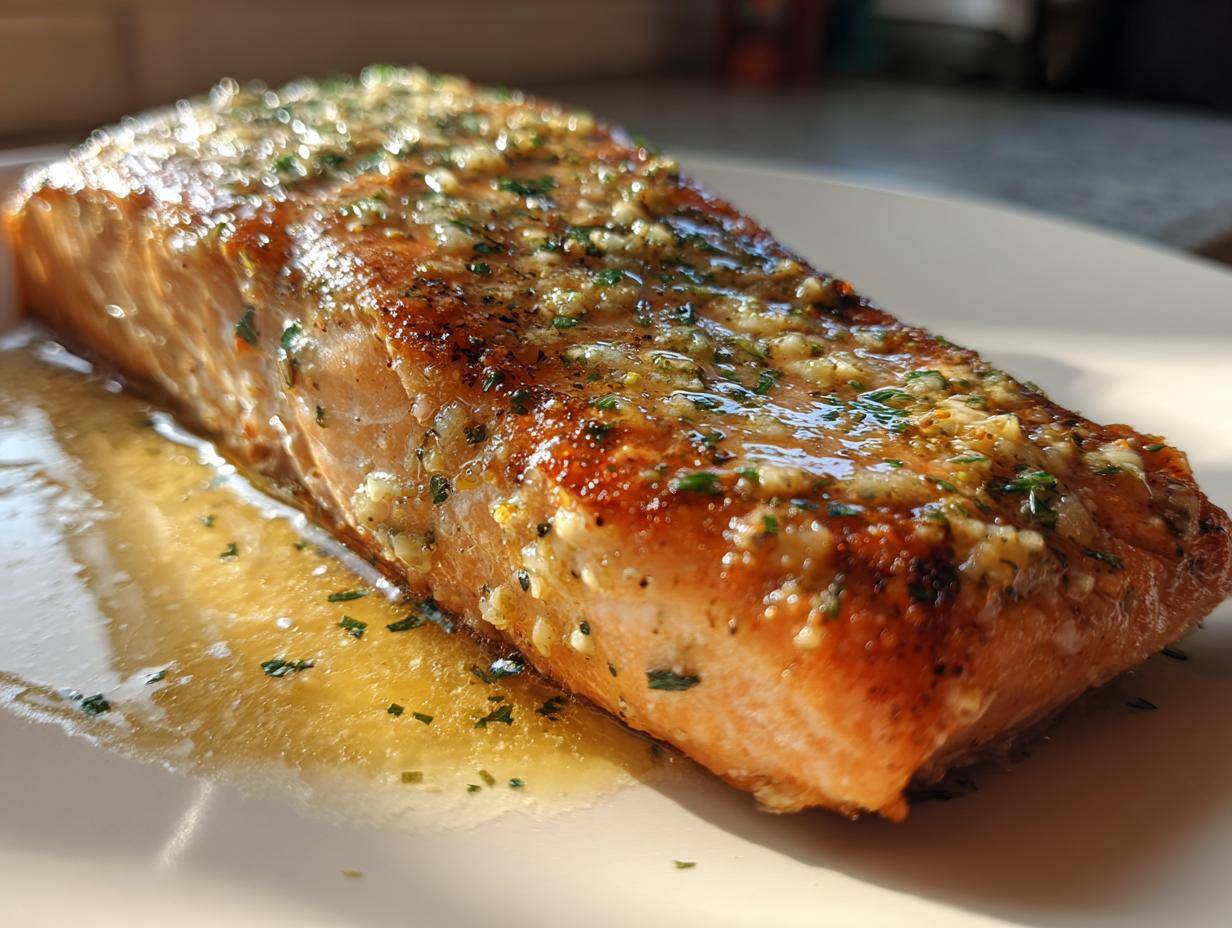 Close-up of a perfectly cooked baked salmon recipe fillet topped with garlic butter and herbs.