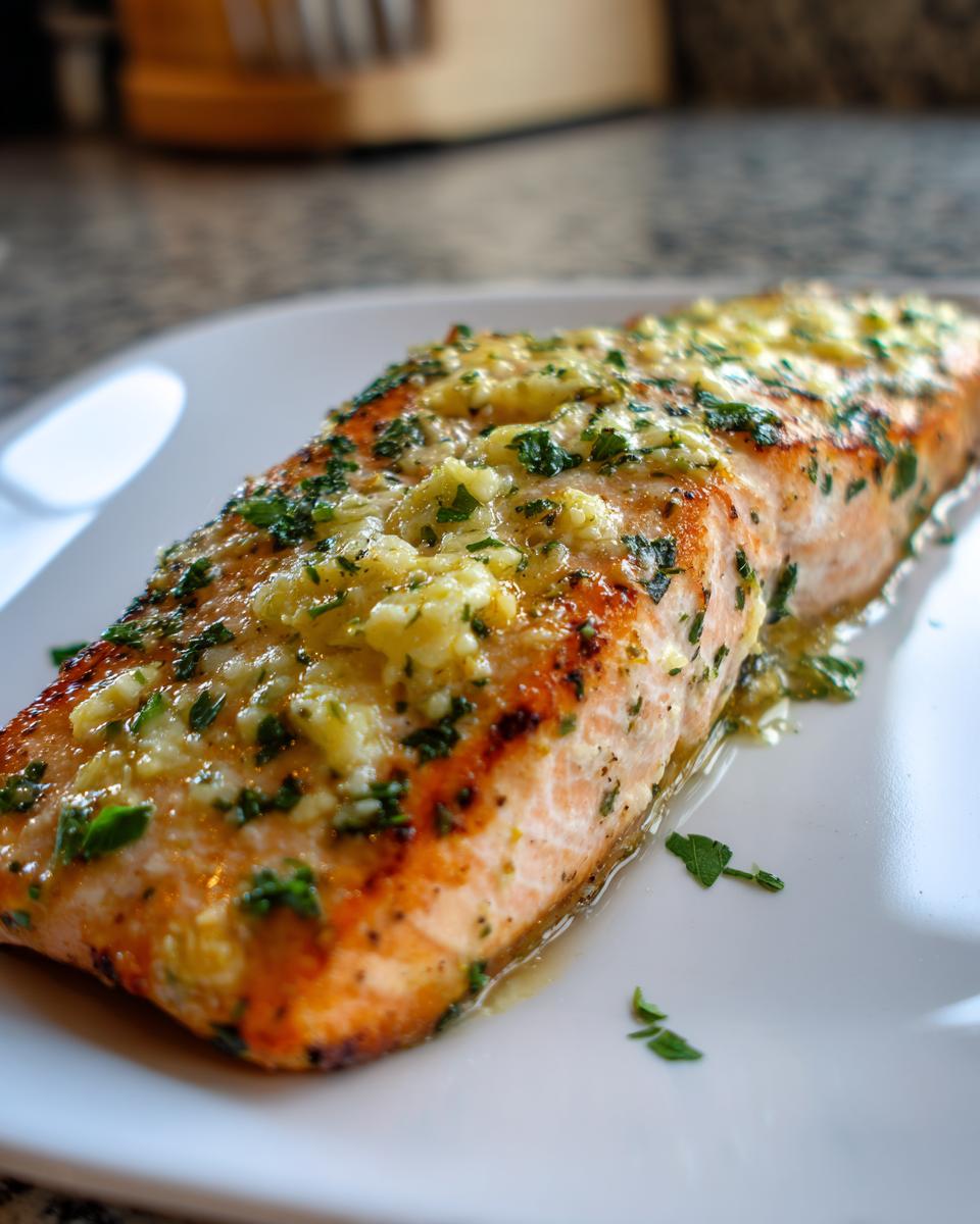 Close-up of a perfectly cooked fillet from a baked salmon recipe topped with garlic butter and fresh parsley.