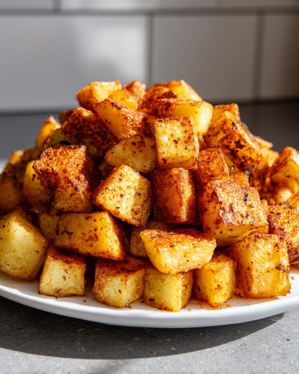 A close-up mound of golden brown, cubed breakfast potatoes seasoned with spices, piled high on a white plate.