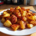 A close-up of crispy, golden-brown breakfast potatoes seasoned heavily with paprika and spices, piled on a white plate.