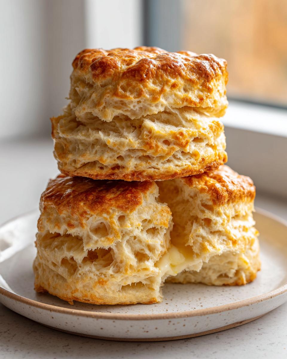 A stack of three golden-brown, flaky scones, with the bottom one split open revealing melted butter.