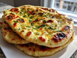 A stack of freshly baked, golden naan bread brushed with melted butter and topped with chopped green herbs.