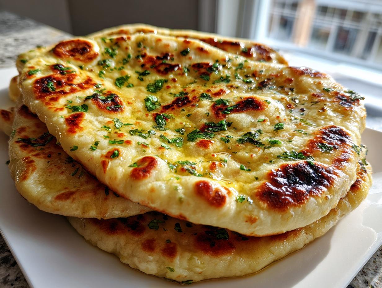 A stack of freshly baked, golden naan bread brushed with melted butter and topped with chopped green herbs.